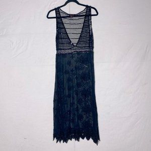 Simon Chang Sheer Black Deep V Neck Embroidered Sequinned Midi Dress  4